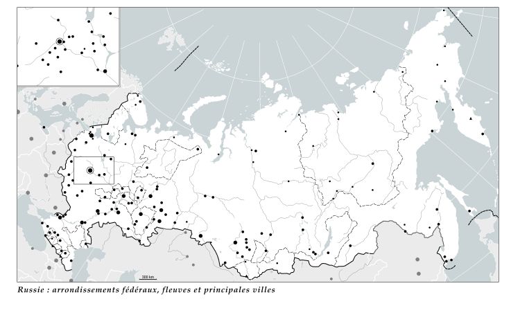 Russie : arrondissements fédéraux, fleuves et principales villes