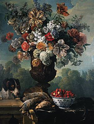 François Desportes, Nature morte : fleurs, lapins, caille, fruits
