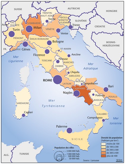 Italie, grandes villes et densité de population