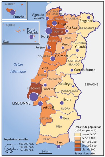 Portugal, la densité de la population