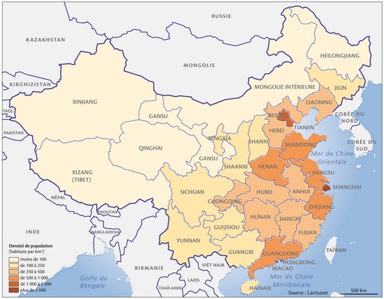 La densité de la population chinoise par provinces, régions autonomes et municipalités