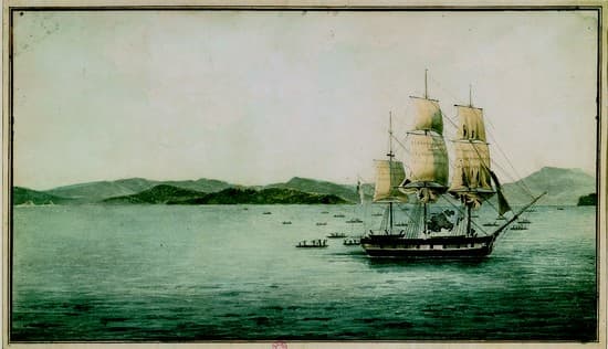 La corvette <i>l'Astrolabe</i>, de Dumont d'Urville, sur la côte de Nouvelle-Guinée.