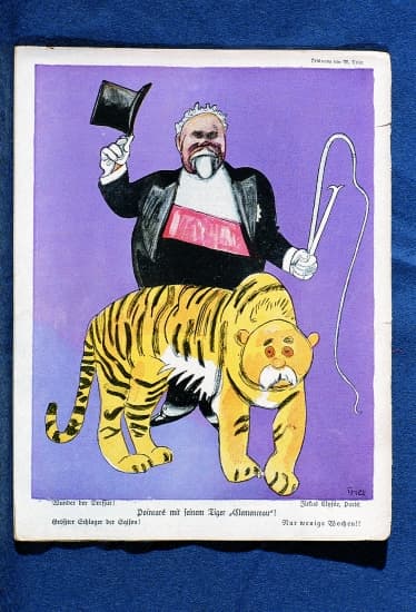 Affiche allemande de 1917 : « Poincaré avec son tigre Clemenceau »