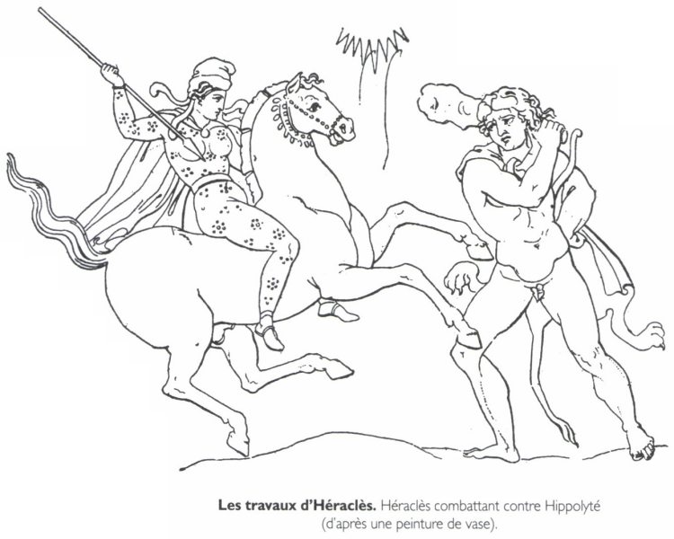 <B>Les travaux d'Héraclès.</B> Héraclès combattant contre Hippolyté.