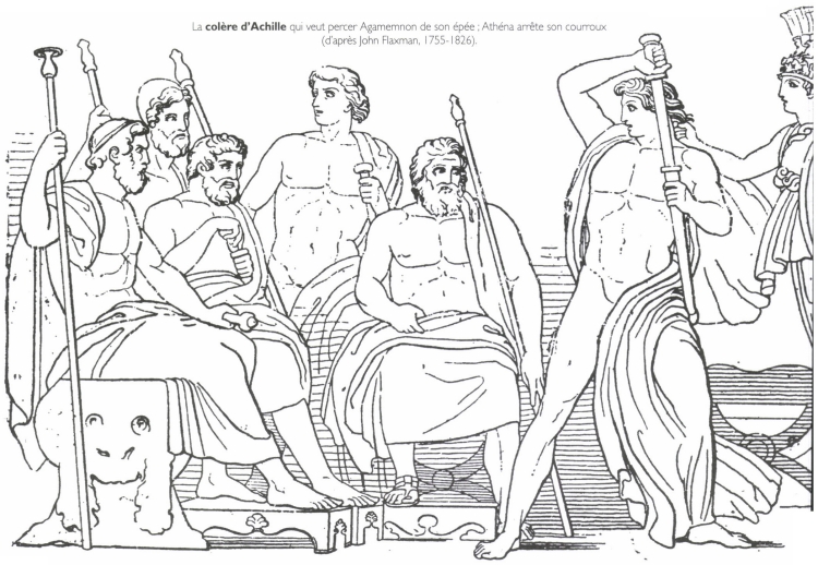 La <B>colère d'Achille</B> qui veut percer Agamemnon de son épée ; Athéna arrête son courroux.