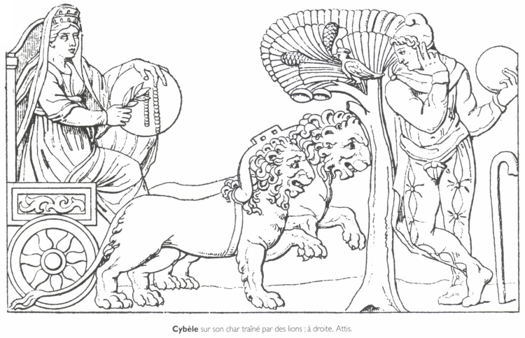 Cybèle sur son char traîné par des lions ; à droite, Attis.