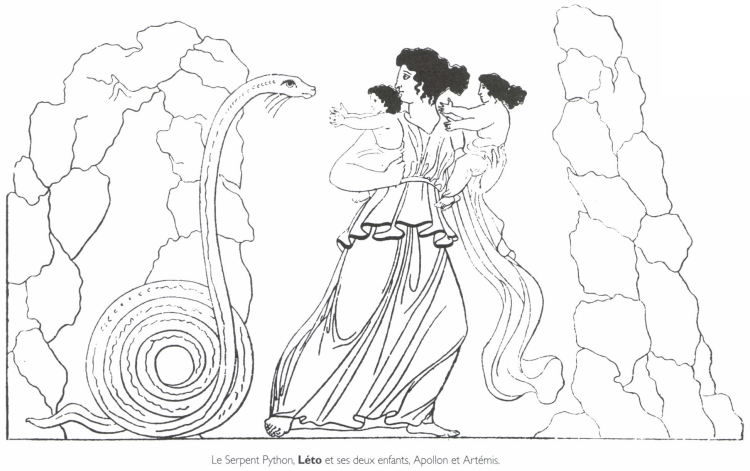 Le Serpent Python, <B>Léto</B> et ses deux enfants, Apollon et Artémis.