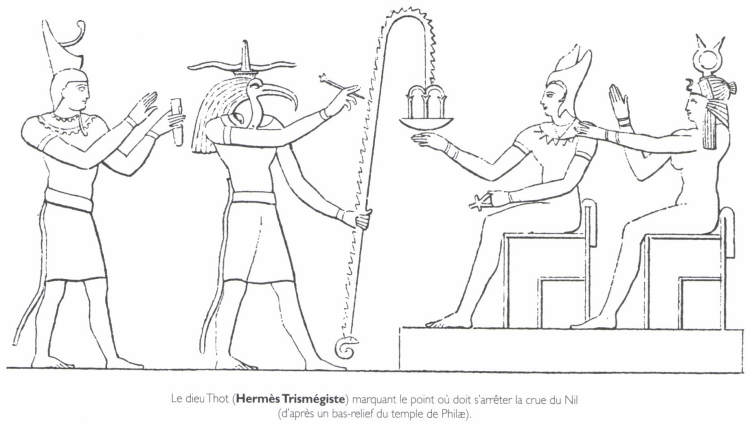 Le dieu Thot (<B>Hermès Trismégiste</B>) marquant le point où doit s'arrêter la crue du Nil.