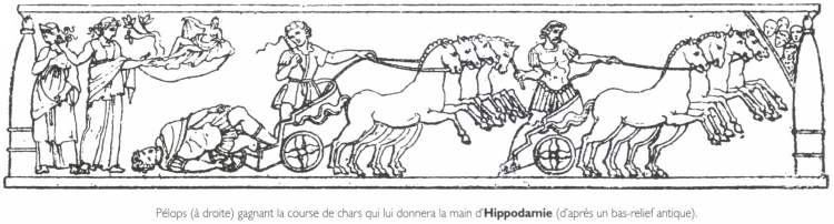 Pélops (à droite) gagnant la course de chars qui lui donnera la main d'<B>Hippodamie</B>.