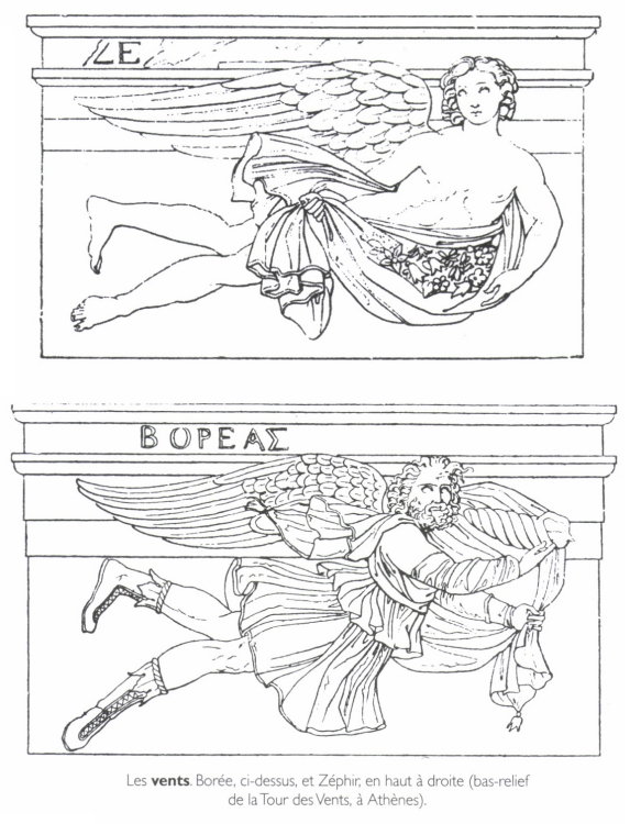 Les <B>vents</B>. Borée, ci-dessus, et Zéphir, en haut à droite.