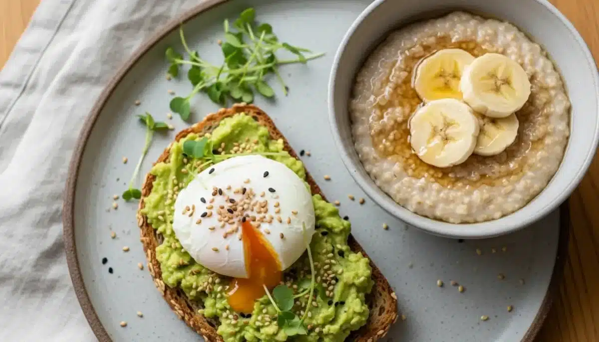 Assiette avec tartine d’avocat à l’œuf poché et bol de porridge garni de rondelles de banane et de sirop.