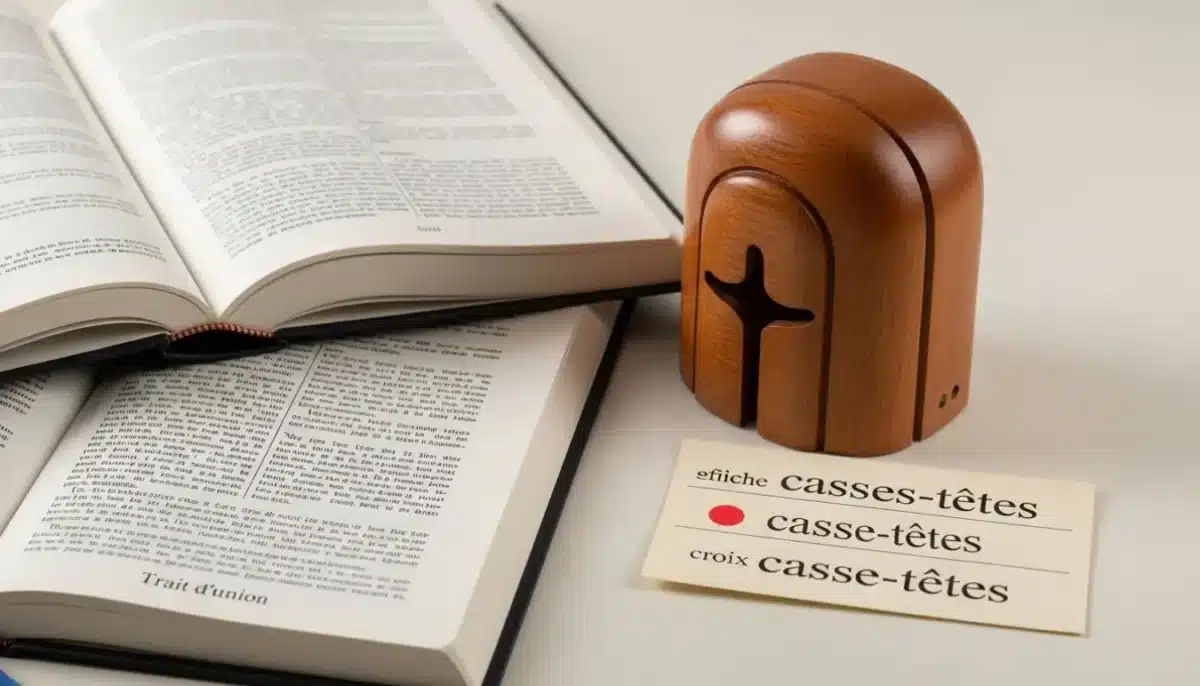 Livres ouverts sur la langue française et carte avec différentes écritures du mot "casse-têtes" sur une table.