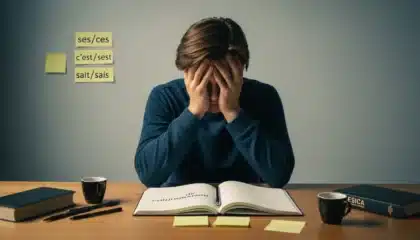 Étudiant frustré devant un cahier de conjugaison, avec des post-its rappelant les différences entre ces/ses, c’est/s’est, sait/sais