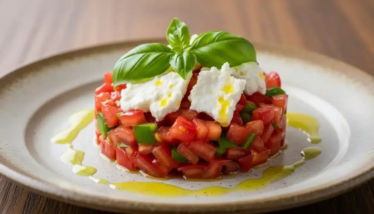 Assiette de tartare de tomates et poivrons, décorée de mozzarella et d’un bouquet de basilic frais, avec filet d’huile d’olive.