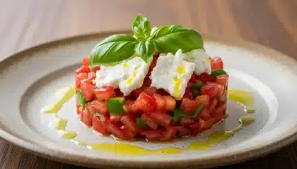 Assiette de tartare de tomates et poivrons, décorée de mozzarella et d’un bouquet de basilic frais, avec filet d’huile d’olive.