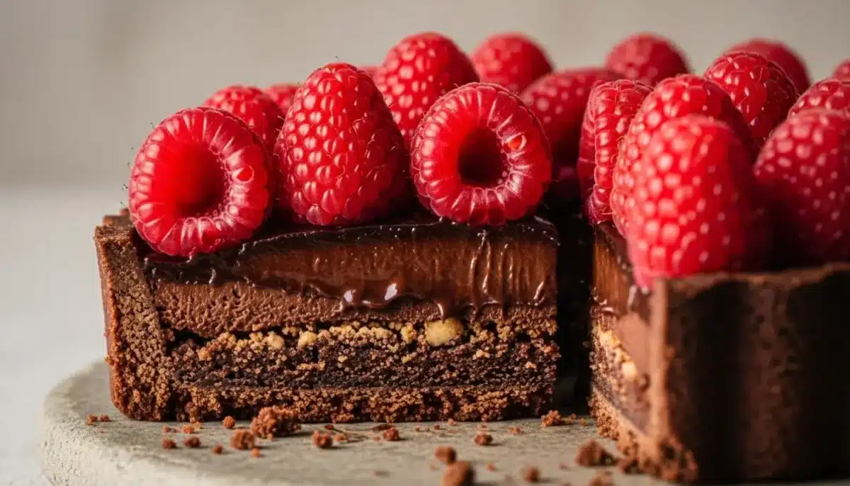 Gros plan sur une tarte au chocolat noir garnie de framboises fraîches, avec une part découpée laissant apparaître les différentes couches.