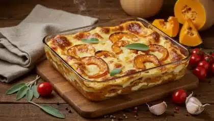 Lasagnes au butternut gratinées avec fromage fondant, servies dans un plat familial