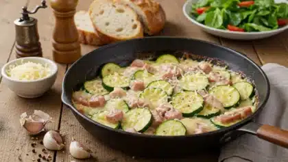 Poêle de courgettes gratinées au jambon et fromage à la crème, plat familial savoureux