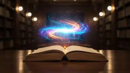 Livre ancien ouvert sur une table, laissant s’échapper une lumière colorée symbolisant le pouvoir et la magie des mots dans la langue française.