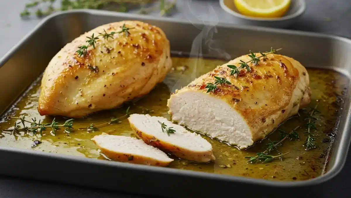 Blancs de poulet dorés et juteux au four, nappés de jus de cuisson parfumé au citron et au thym.