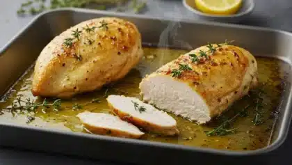 Blancs de poulet dorés et juteux au four, nappés de jus de cuisson parfumé au citron et au thym.
