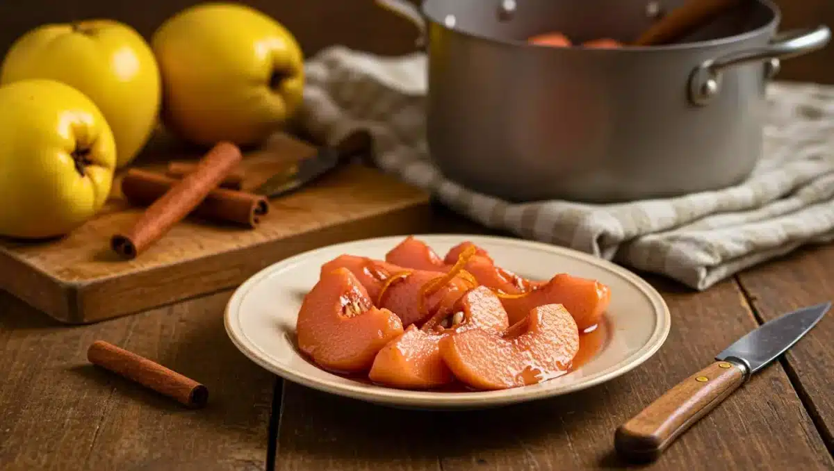 Assiette de quartiers de coings pochés à la cannelle, sur une table en bois avec casserole et fruits frais.