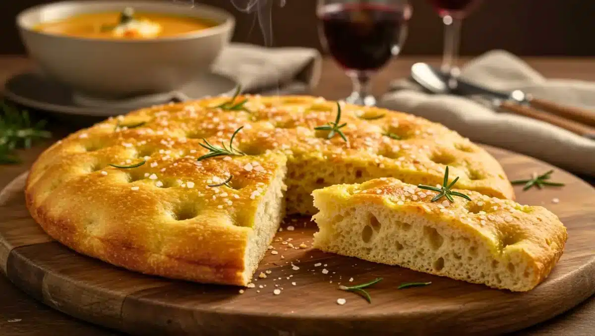 Focaccia dorée et moelleuse au romarin et à la fleur de sel, servie sur une planche en bois avec un verre de vin et une soupe en arrière-plan.