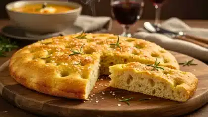 Focaccia dorée et moelleuse au romarin et à la fleur de sel, servie sur une planche en bois avec un verre de vin et une soupe en arrière-plan.