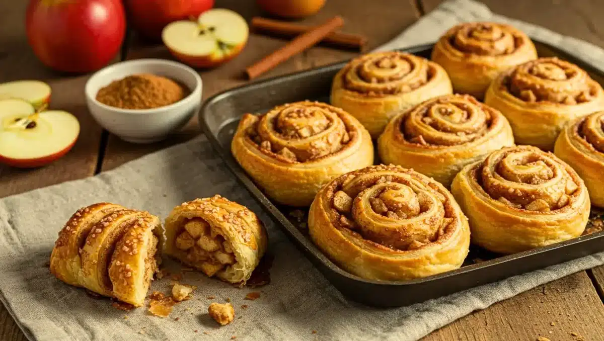 Roulés feuilletés aux pommes et à la cannelle dorés au four, posés sur une plaque de cuisson, avec des morceaux de pommes et de sucre perlé.