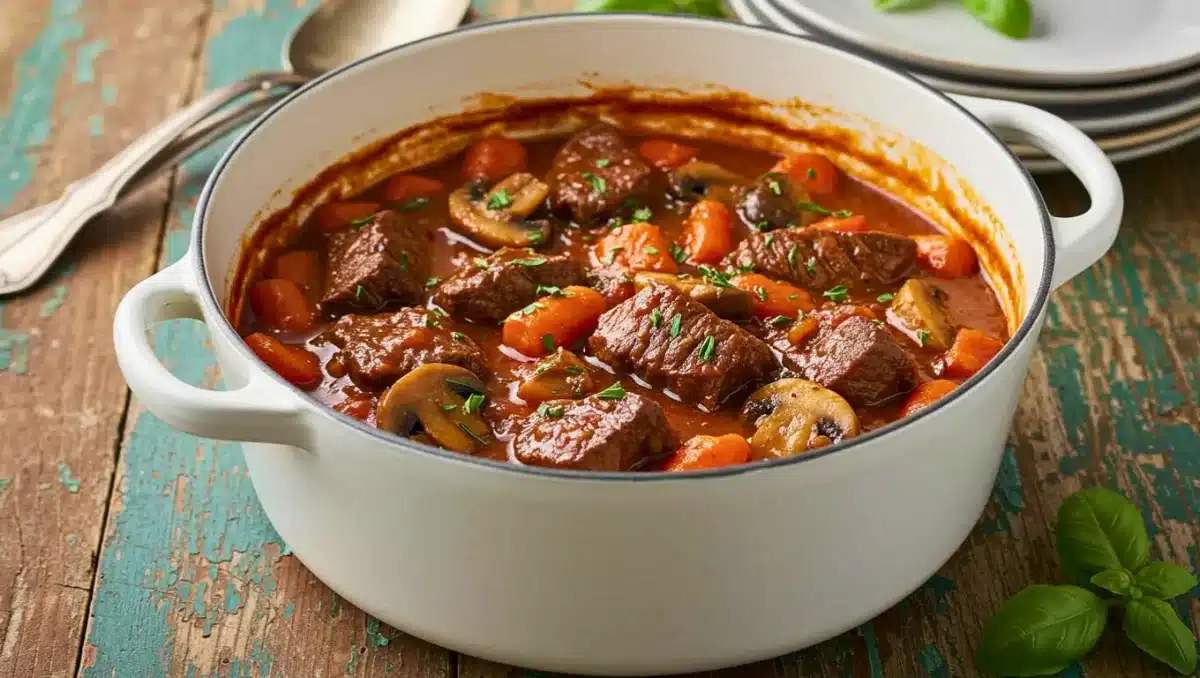 Cocotte de bœuf bourguignon à l’italienne, avec morceaux de viande fondante, carottes et champignons dans une sauce tomate mijotée.
