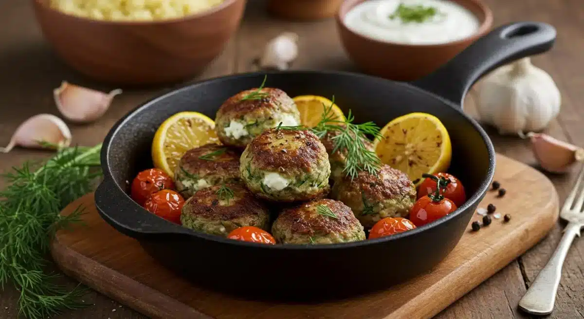 Boulettes d’agneau au chèvre et courgettes dorées dans une poêle avec tomates cerises, citron rôti et herbes fraîches.