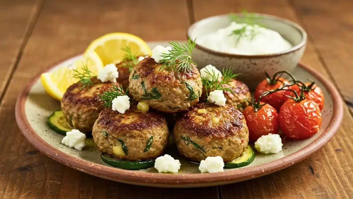 Boulettes d’agneau dorées avec courgette, tomates cerises rôties et sauce au yaourt citronné.