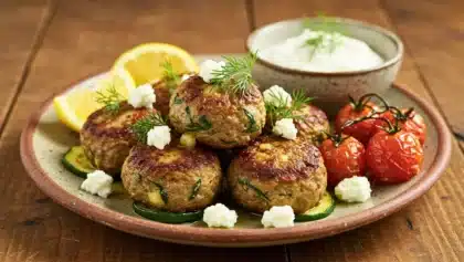 Boulettes d’agneau dorées avec courgette, tomates cerises rôties et sauce au yaourt citronné.