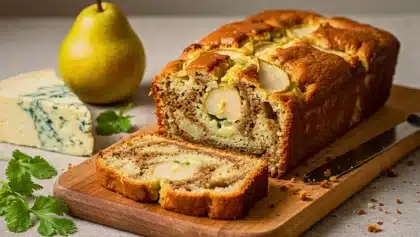 Cake salé à la poire et au fromage bleu, moelleux et doré, tranché sur une planche en bois avec poire et fromage en arrière-plan.