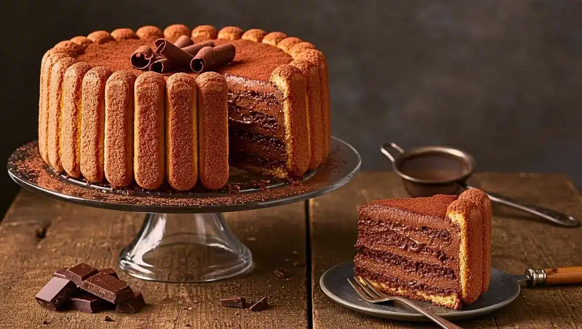 Charlotte au chocolat décorée de copeaux de chocolat, entourée de biscuits à la cuillère et servie sur un plat.