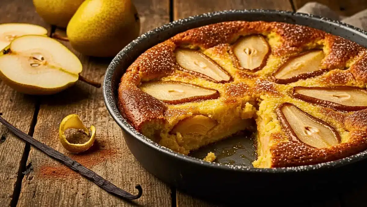 Clafoutis doré aux poires caramélisées dans un moule rond, posé sur une table en bois rustique avec des gousses de vanille et des poires fraîches.