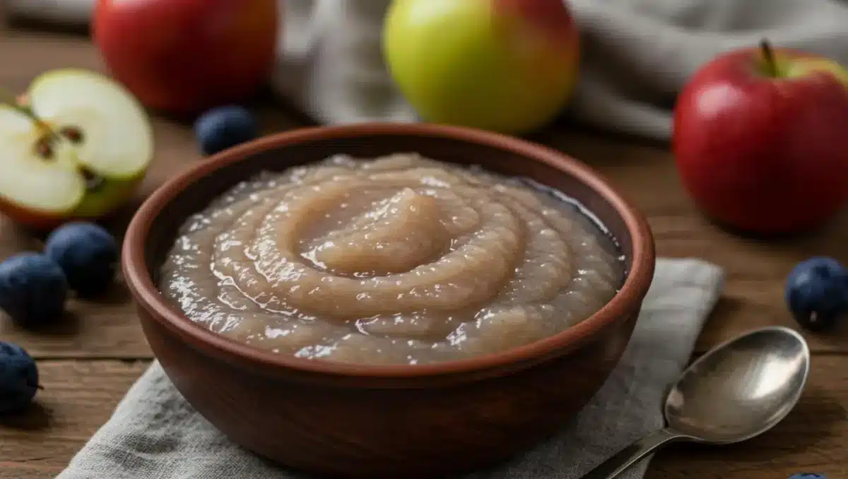 Bol de compote de pommes et prunelles maison, entouré de pommes fraîches et de myrtilles sur une table en bois.