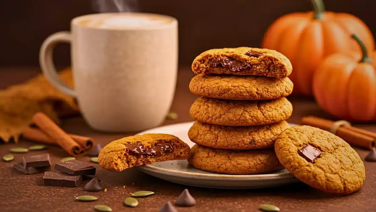 Cookies moelleux à la citrouille et au chocolat fondant, servis avec un café chaud sur une table d’automne.
