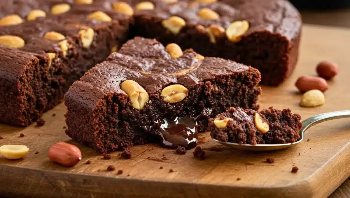 Fondant au chocolat avec cœur coulant et cacahuètes entières sur une planche en bois, prêt à être dégusté.