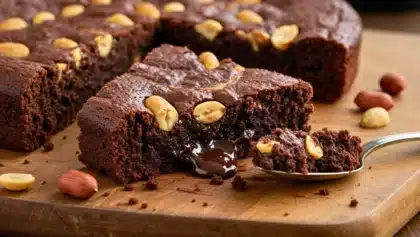 Fondant au chocolat avec cœur coulant et cacahuètes entières sur une planche en bois, prêt à être dégusté.