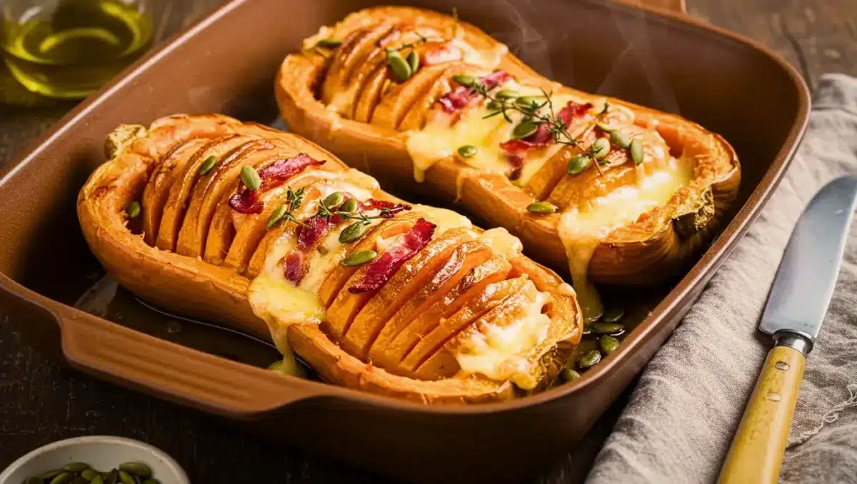 Tarte rustique aux oignons caramélisés et fromage fondu, sur papier cuisson, décorée de branches de thym et de morceaux de tomme affiné.