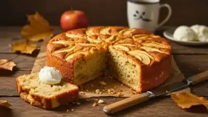Gâteau aux pommes maison, doré et moelleux, décoré de tranches de pommes sur le dessus, servi avec une touche de crème.