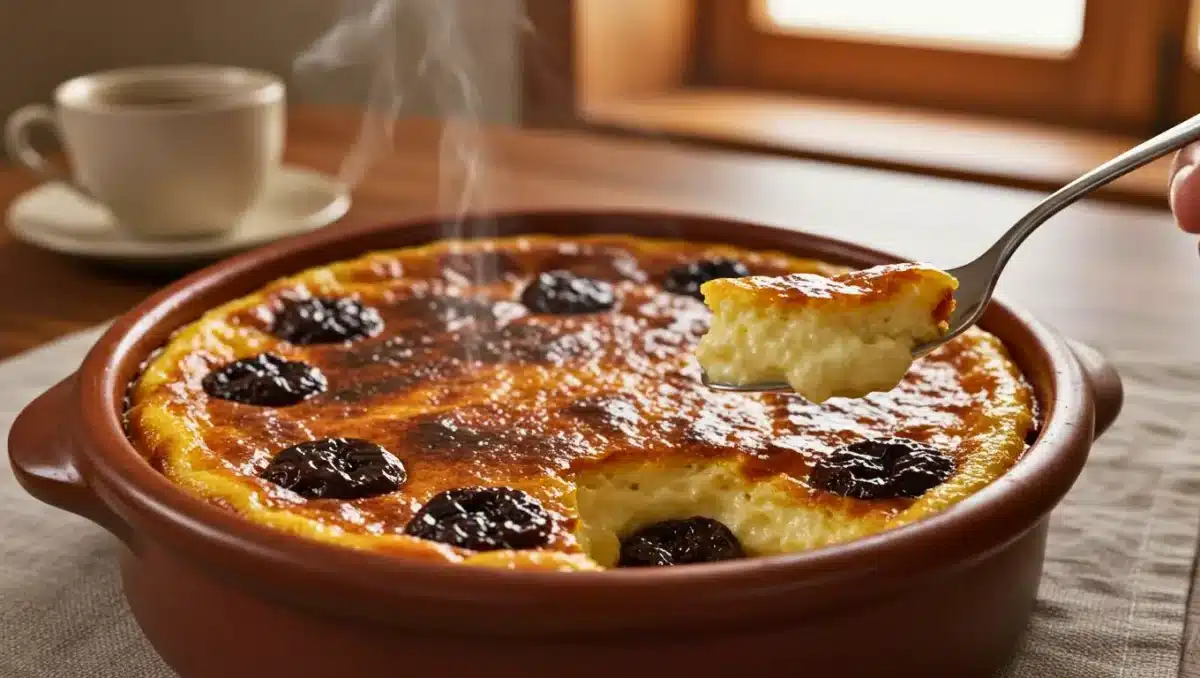 Far breton maison doré, garni de pruneaux, servi chaud dans un plat en terre cuite avec une cuillère et une tasse de café en arrière-plan.