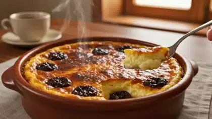 Far breton maison doré, garni de pruneaux, servi chaud dans un plat en terre cuite avec une cuillère et une tasse de café en arrière-plan.