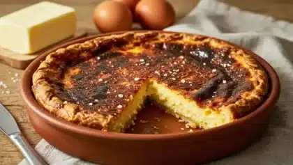 Far breton doré et fondant dans un plat en terre cuite, décoré de grains de sel, avec œufs et beurre en arrière-plan.