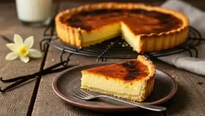 Flan pâtissier maison doré, avec pâte sablée croustillante et texture crémeuse à la vanille, posé sur une table en bois avec gousses de vanille et fleur en décoration.