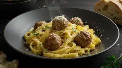 Assiette de tagliatelles crémeuses servies avec des boulettes de viande moelleuses, parsemées de parmesan râpé et de persil frais.