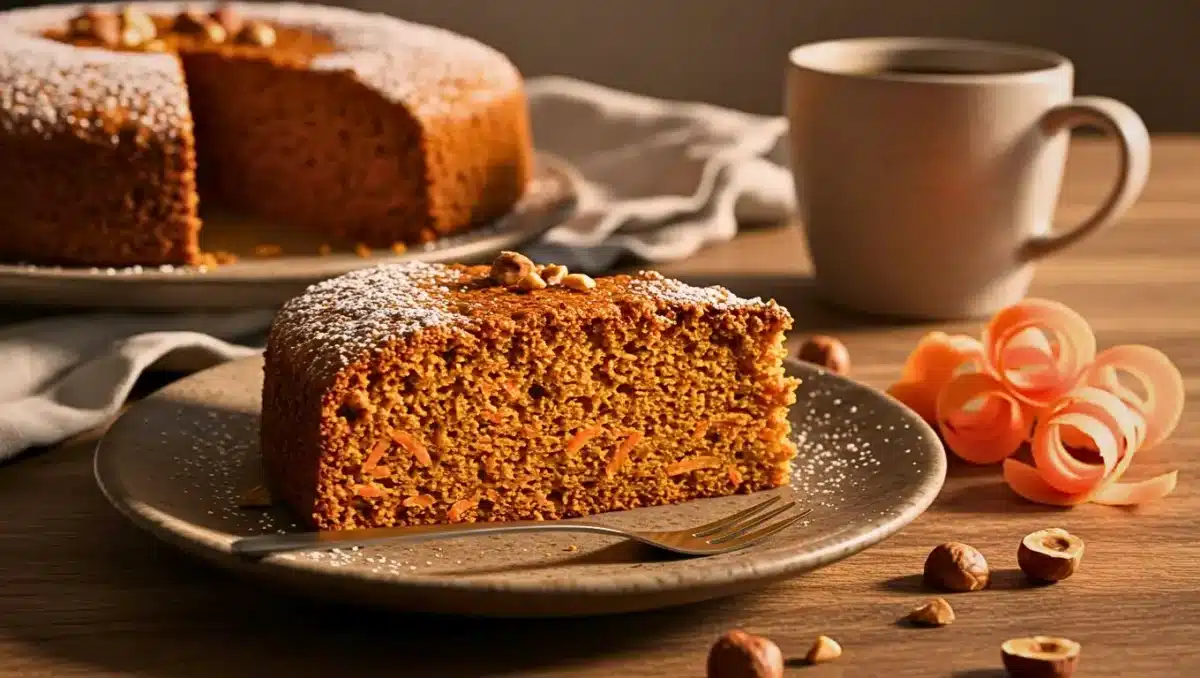 Part de gâteau aux carottes moelleux et doré, saupoudré de sucre glace, servie sur une assiette en céramique avec des noisettes et des rubans de carotte fraîche.