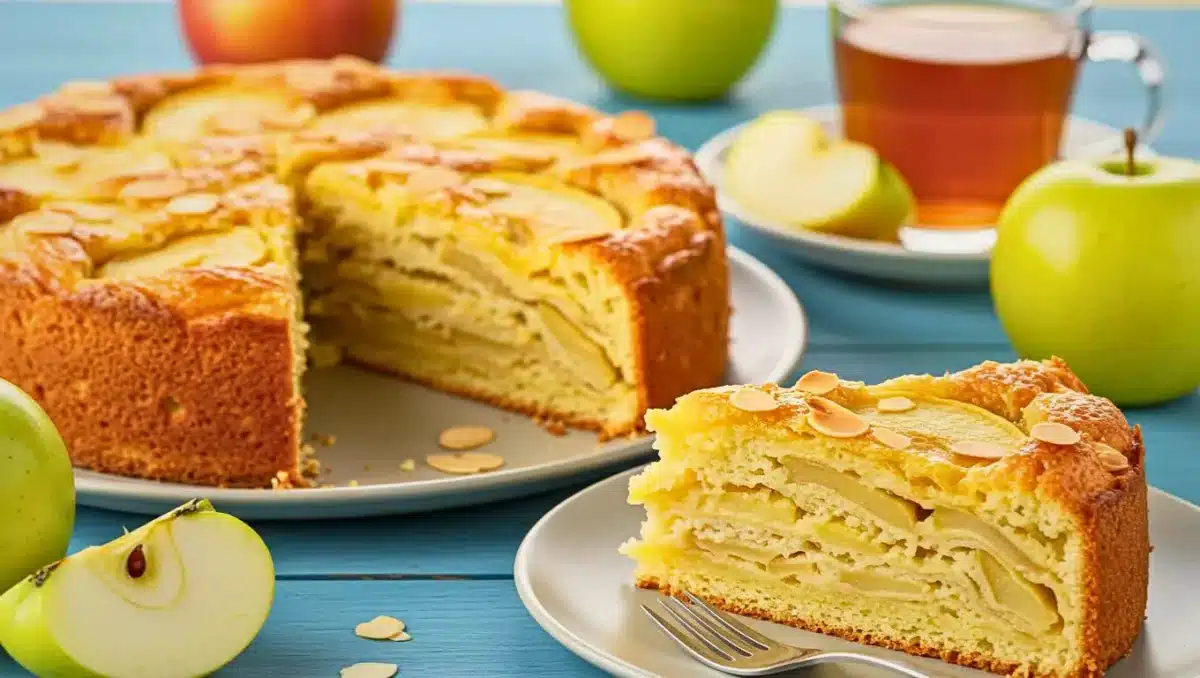 Part de gâteau aux pommes moelleux avec amandes effilées, servie sur une assiette.