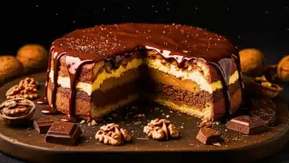 Gâteau bullois suisse au chocolat et aux noix caramélisées, nappé de ganache brillante, posé sur un plateau en bois avec éclats de noix et carrés de chocolat autour.
